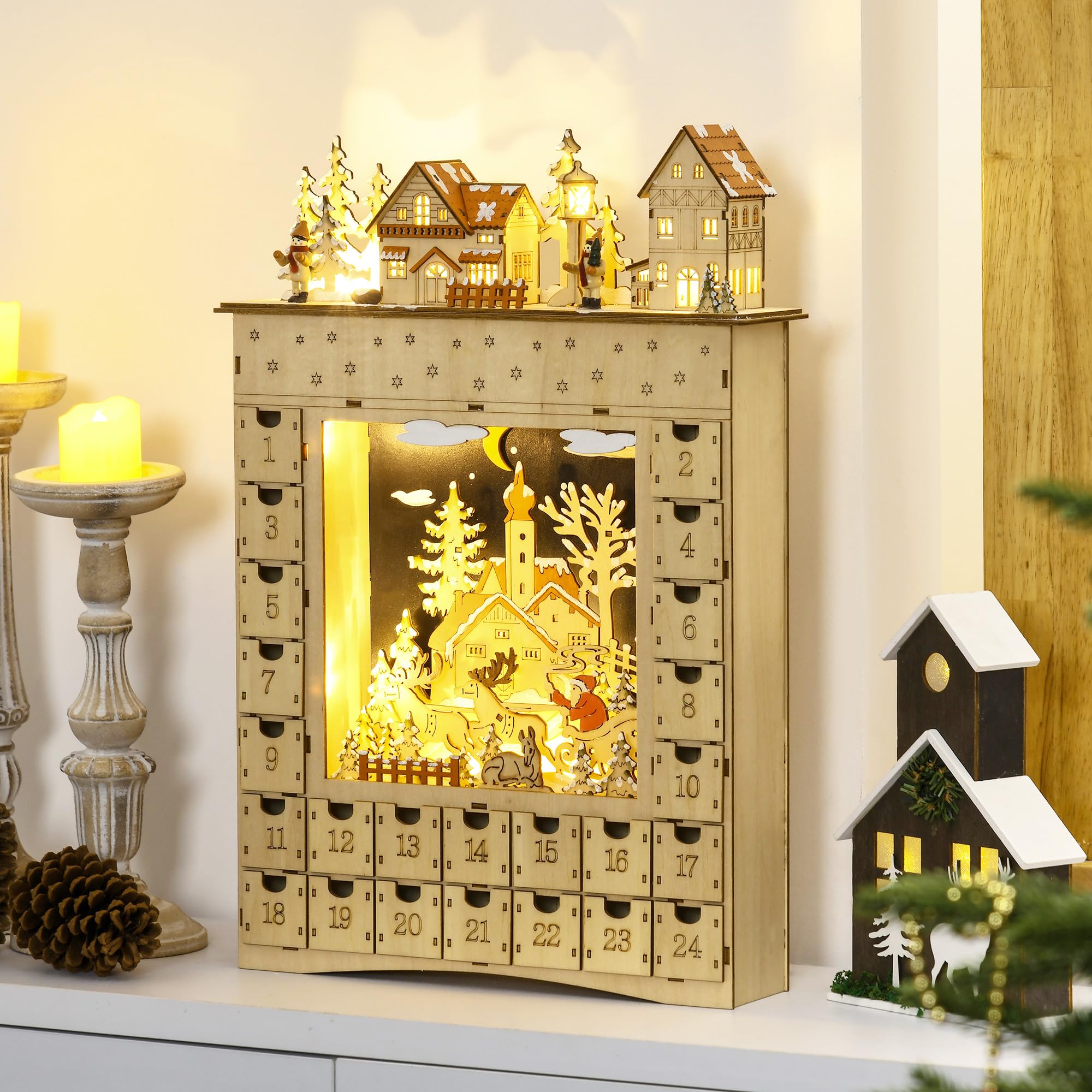HOMCOM Christmas Advent Calendar, Light Up Wooden Holiday Decoration with 24 Countdown Drawers and LED Lights for Kids and Adult